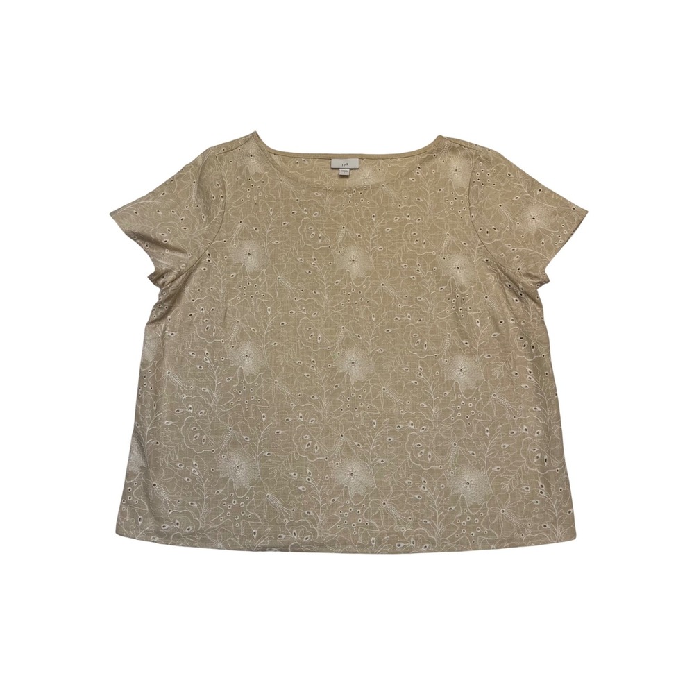 J.Jill Tan Neutral Floral Eyelet Embroidered Linen Blend Short Sleeve Top Size L